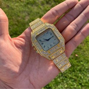 14k Gold Plated Iced Out Watch Men Women Flooded Premium Watch Gift
